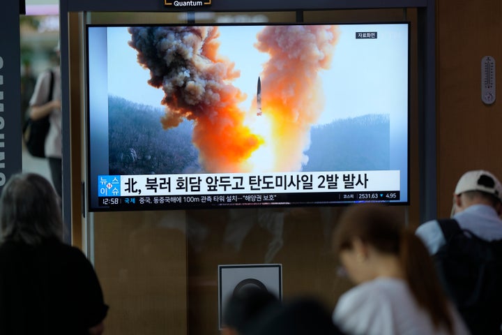 A TV screen shows a report of North Korea's ballistic missiles with file image during a news program at the Seoul Railway Station in Seoul, South Korea, on Sept. 13, 2023. North Korea fired two ballistic missiles toward the sea Wednesday, as leader Kim Jong Un rolled through Russia on an armored train toward a meeting with President Vladimir Putin. The letters read, "North Korea, fired two ballistic missiles ahead of a meeting between North Korea and Russia."