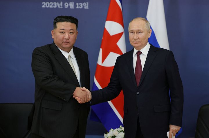 Putin shakes hands with Kim again, this time inside the Vostochny Сosmodrome.