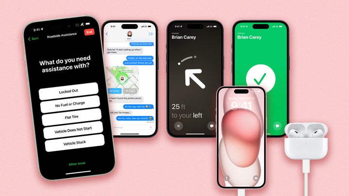 New features on the iPhone 15 lineup include Roadside Assistance via satellite and more precision accuracy on the Find My app.