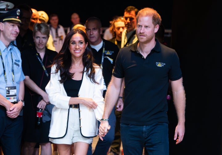 Prince Harry, Duke of Sussex and Meghan, Duchess of Sussex attend the wheelchair basketball match between Ukraine and Australia during day four of the Invictus Games Düsseldorf 2023.