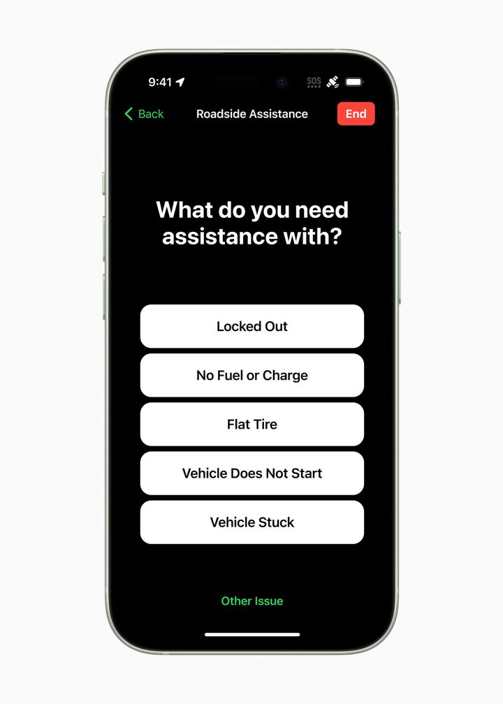 A screengrab of Apple's new Roadside Assistance feature, which is debuting on the new iPhone 15.