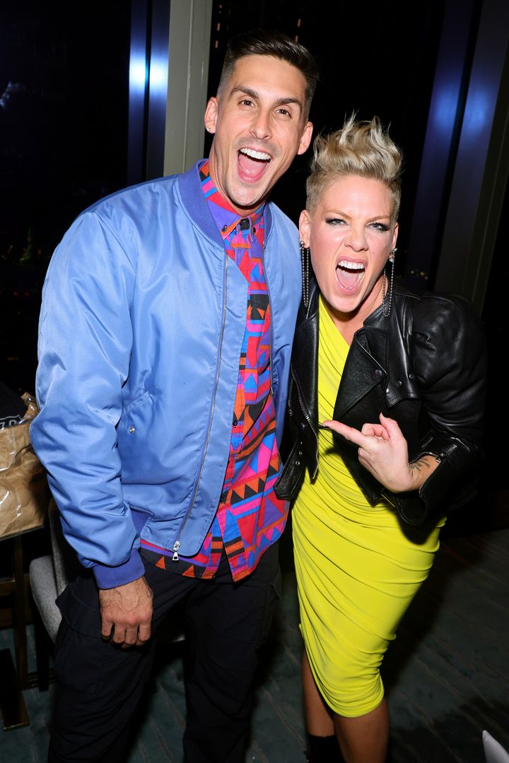 Rigsby (left) joins Pink at the release party for her latest album, "Trustfall."