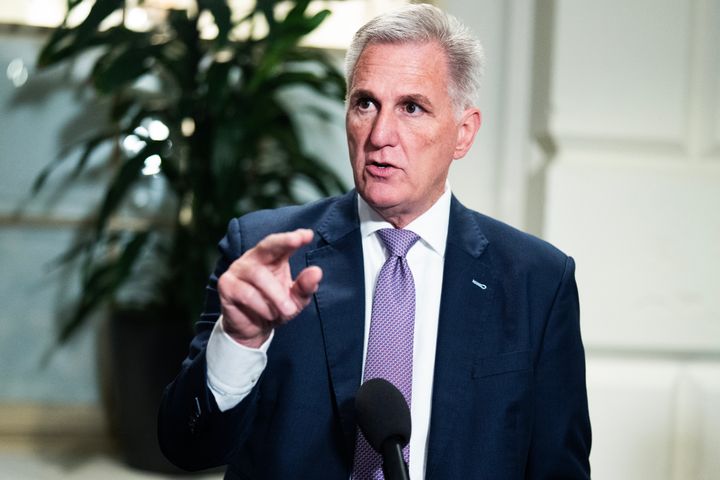 UNITED STATES - SEPTEMBER 13: Speaker of the House Kevin McCarthy, R-Calif., talks with reporters after a meeting of the House Republican Conference in the U.S. Capitol on Wednesday, September 13, 2023. (Tom Williams/CQ-Roll Call, Inc via Getty Images)