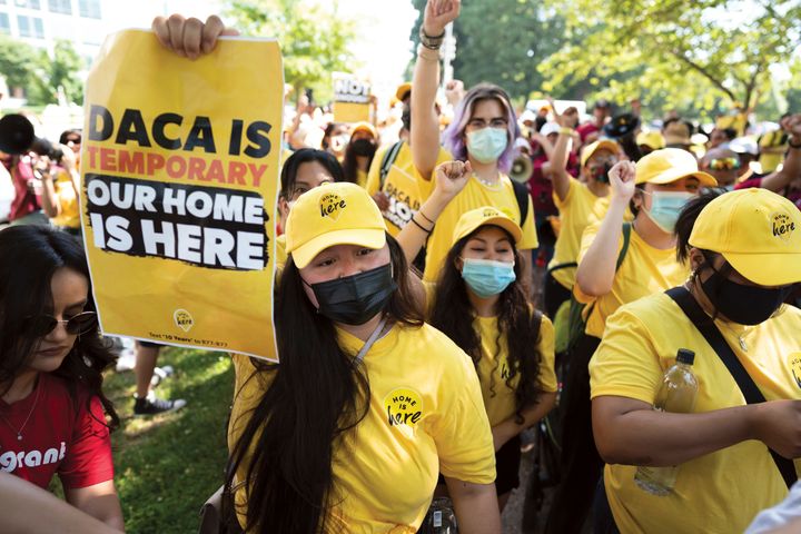 Susana Lujano, left, a dreamer from Mexico who lives in Houston, joins other activists to rally in support of the Deferred Action for Childhood Arrivals program, also known as DACA, at the U.S. Capitol in Washington, June 15, 2022.