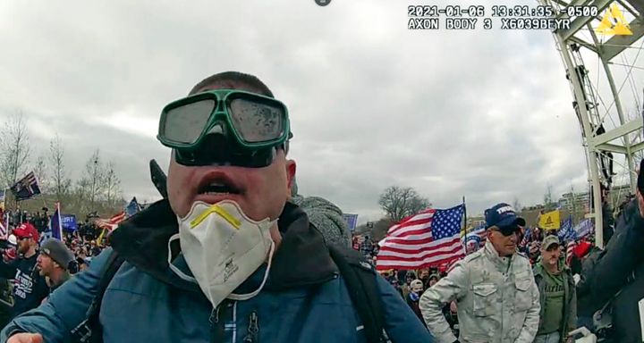 This image from police-worn body cam video contained in the statement of facts to support the arrest of Joseph Padilla, shows Padilla on the West Front of the U.S. Capitol on Jan. 6, 2021, in Washington. Padilla, who wrote on social media about wanting to "take over the Capitol building" before the Jan. 6, 2021 riot, where he threw a flagpole at a police officer's head, has been sentenced to more than six years in prison on Sept. 13, 2023. 