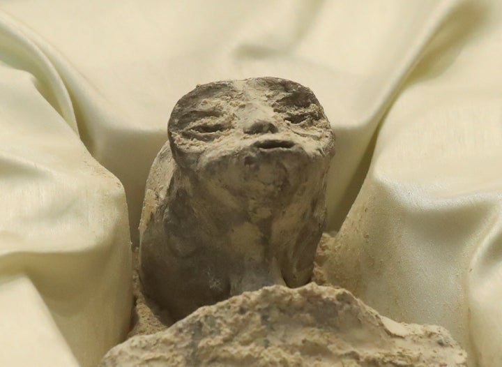 Remains of an allegedly "non-human" being are on display during a briefing on UFOs at the San Lazaro legislative palace in Mexico City on Sept. 12, 2023.