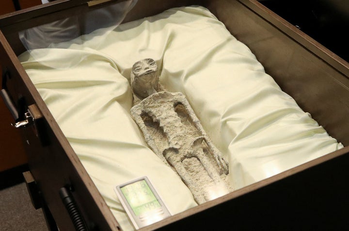 Remains of an allegedly 'non-human' being is seen on display during a briefing on unidentified flying objects, known as UFOs, at the San Lazaro legislative palace, in Mexico City, Mexico September 12, 2023. REUTERS/Henry Romero