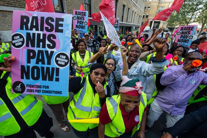 Striking members of the UNITE trade union attend their picket line Royal London Hospital on September 13, 2023 in London, England.