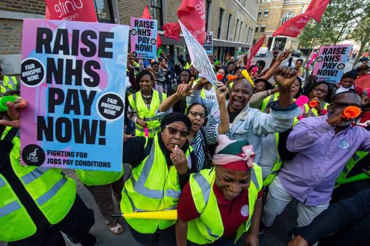 Striking members of the UNITE trade union attend their picket line Royal London Hospital on September 13, 2023 in London, England.