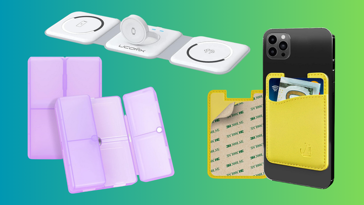 A cliver pill box, three-in-one charger and card-holding phone sticker.