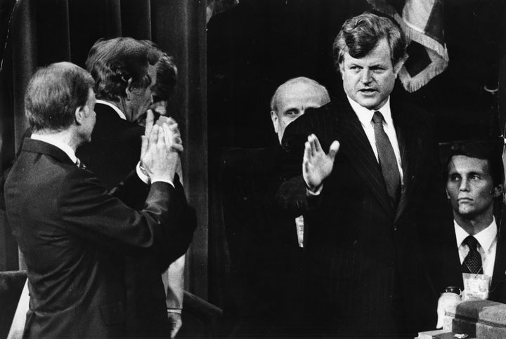 A rancorous primary led to an awkward photo op between challenger Sen. Ted Kennedy (Mass.) and President Jimmy Carter at the 1980 Democratic National Convention.