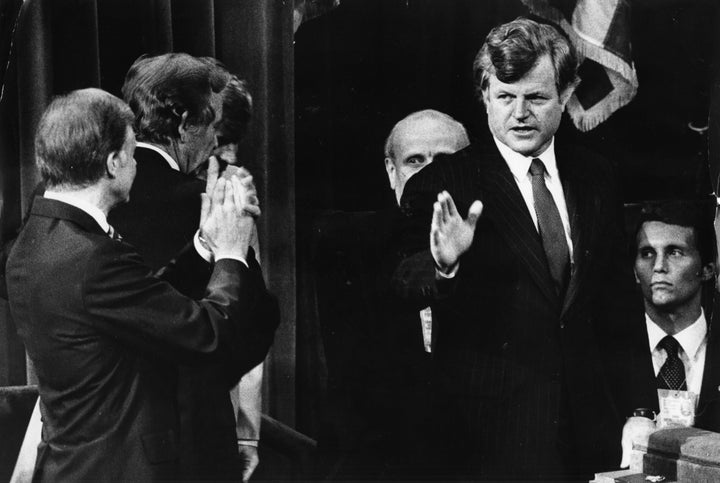 A rancorous primary led to an awkward photo op between challenger Sen. Ted Kennedy (Mass.) and President Jimmy Carter at the 1980 Democratic National Convention.