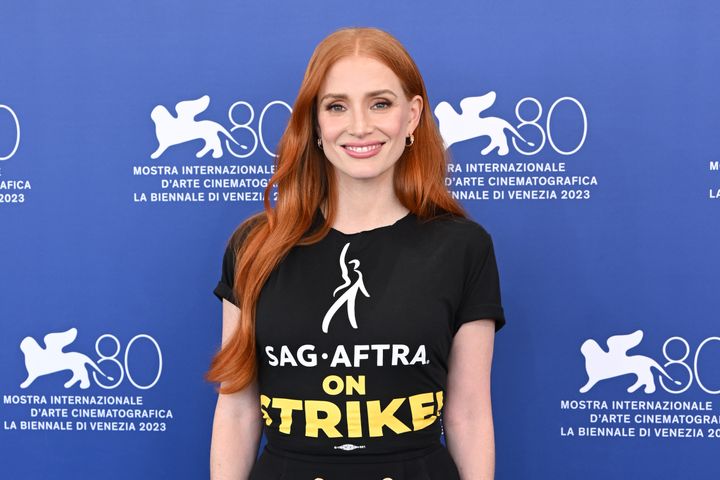 Jessica Chastain wears a SAG-AFTRA T-shirt at a photocall for the movie "Memory" at the 80th Venice International Film Festival on Sept. 8.