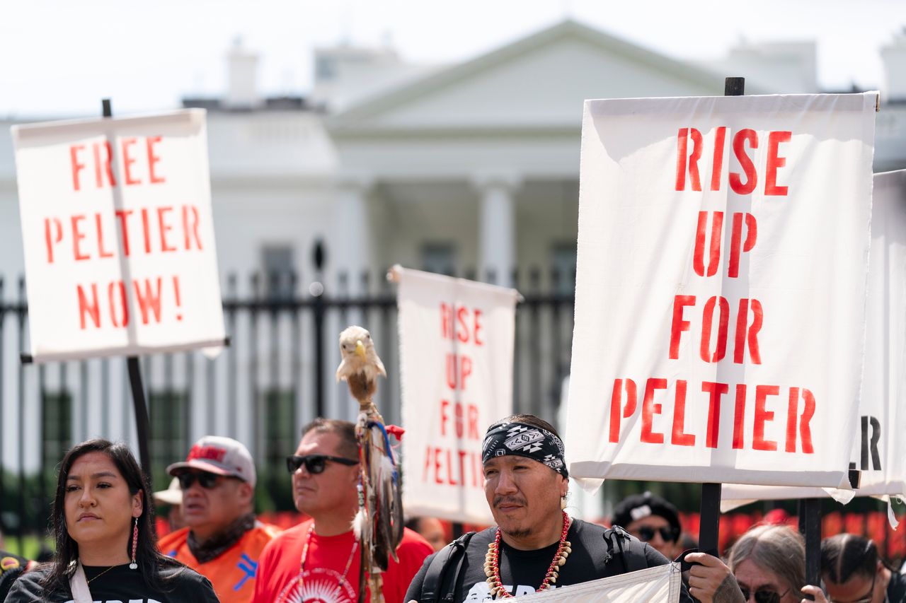 People gather for a rally outside of the White House in support of imprisoned Native American activist Leonard Peltier on Sept. 12, 2023, in Washington. 