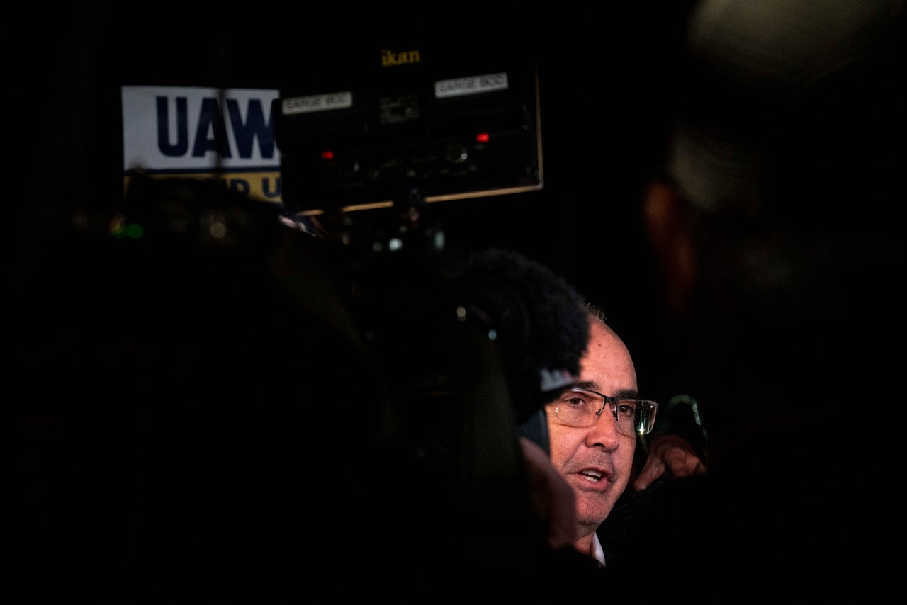 UAW President Shawn Fain speaks at UAW Local 900, across the street from Ford’s Wayne plant, shortly after the strike began.