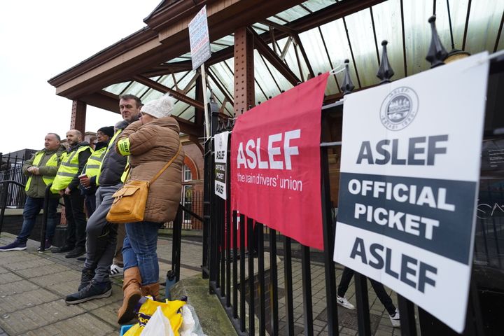 The picket line at Birmingham Moor Street station during a strike by train drivers from the Aslef union, in a long-running dispute over jobs and pensions. Picture date: Thursday January 5, 2023. (Photo by Jacob King/PA Images via Getty Images)