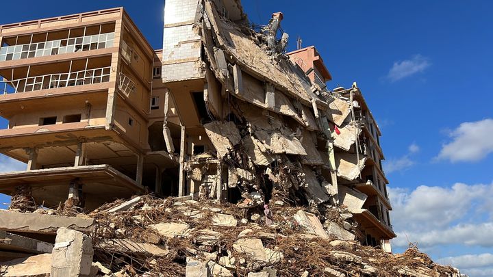 DERNA, LIBYA - SEPTEMBER 14: A view of buildings damaged in the flood due to Storm Daniel in Derna, Libya on September 14, 2023. (Photo by Hamza Al Ahmar/Anadolu Agency via Getty Images)