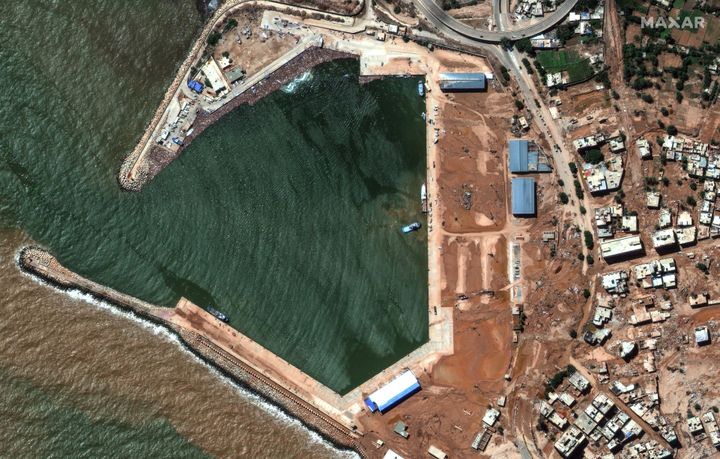 DAM BREAK, FLOODING AFTERMATH, DERNA, LIBYA -- SEPTEMBER 13, 2023: 14 Maxar satellite imagery of the port facilities after the catastrophic flooding that struck the Libyan coastal city of Derna. Please use: Satellite image (c) 2023 Maxar Technologies.
