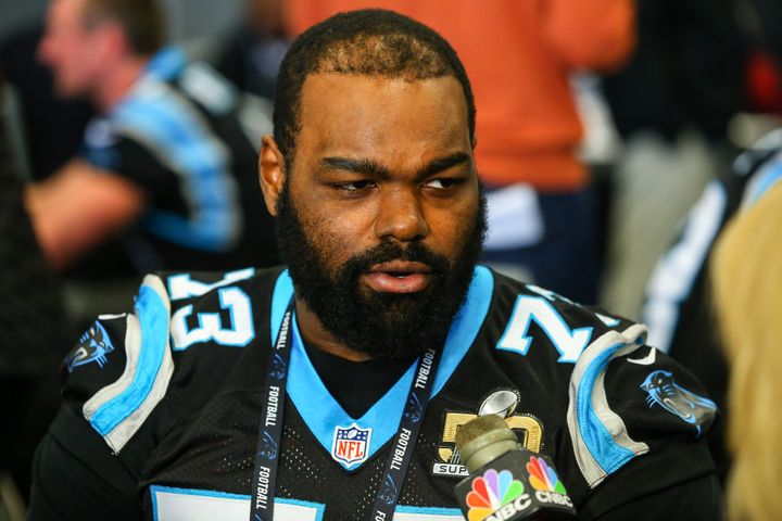 Michael Oher, then a tackle for the Carolina Panthers, appears at a press conference on Feb. 3, 2016.