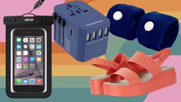 A waterproof phone pouch, an international power adapter, a pair of Crocs wedges and a pair of anti-nausea wristbands.