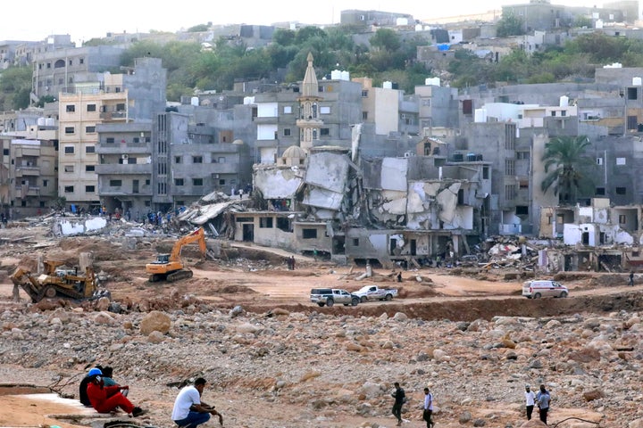 A general view shows destruction left by floods after the Mediterranean storm "Daniel" hit Libya's eastern city of Derna, on September 14, 2023. Aid groups have warned of growing risk posed by the spread of disease that could compound the humanitarian crisis in Libya, as hopes of finding more survivors fade days after the deadly flooding. (Photo by Abdullah DOMA / AFP) (Photo by ABDULLAH DOMA/AFP via Getty Images)