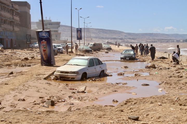 Damage from massive flooding is seen in Derna, Libya, Wednesday, Sept.13, 2023. Search teams are combing streets, wrecked buildings, and even the sea to look for bodies in Derna, where the collapse of two dams unleashed a massive flash flood that killed thousands of people. (AP Photo/Yousef Murad)