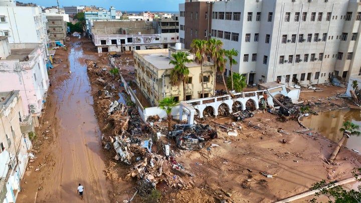 A general view of the city of Derna is seen on Tuesday, Sept. 12., 2023. Mediterranean storm Daniel caused devastating floods in Libya that broke dams and swept away entire neighborhoods in multiple coastal towns, the destruction appeared greatest in Derna city. (AP Photo/Jamal Alkomaty)