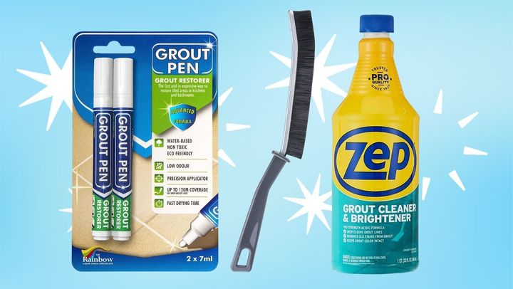 A pair of grout pens, a slim angled-tip grout brush and Zep grout cleaner and brightener. 
