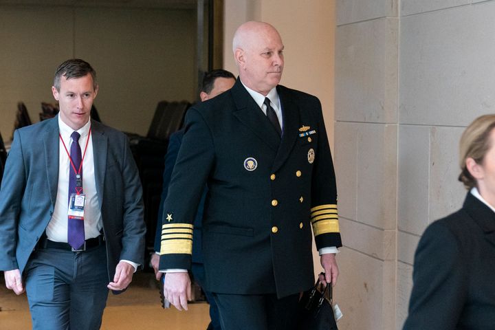 Vice Chairman of the Joint Chiefs, Adm. Christopher Grady, right, arrives for a closed door briefing about the leaked highly classified military documents, on Capitol Hill, Wednesday, April 19, 2023, in Washington. Navy Adm. Christopher Grady, who currently serves as the military’s No. 2 officer as Joint Chiefs vice chairman, will simultaneously have to fill in as chairman starting Oct. 1 with the retirement of Gen. Mark Milley if his replacement, Air Force Gen. C.Q. Brown, can’t get confirmed in the next two weeks. (AP Photo/Alex Brandon, File)