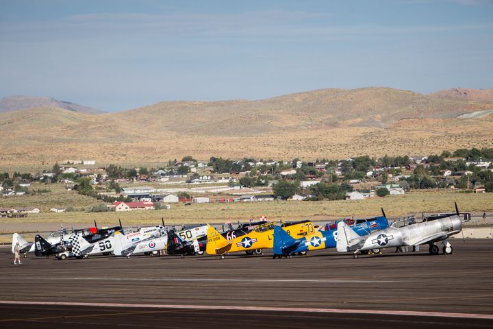 Airplanes line up to race the T-6 class at the Reno Championship Air Races in 2017 in Reno, Nevada. (Photo by Jonathan Devich/Getty Images)