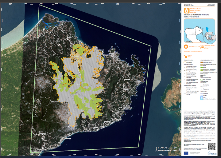 Εικ.1: Χάρτης αποτύπωσης της υφιστάμενης κατάστασης στις 29/07/2023, έπειτα από την ενεργοποίηση της Υπηρεσία Copernicus (EMSR677)