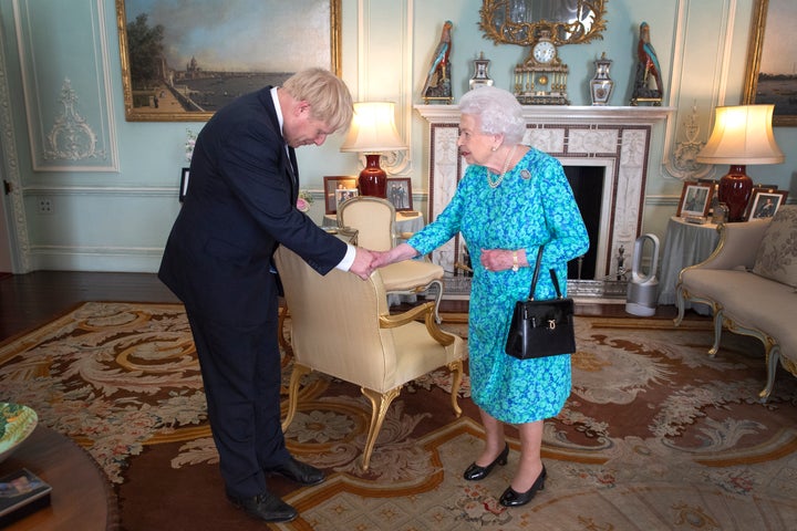 Queen Elizabeth II welcoming Boris Johnson during an audience where she invited him to become Prime Minister and form a new government in Buckingham Palace on July 24, 2019.