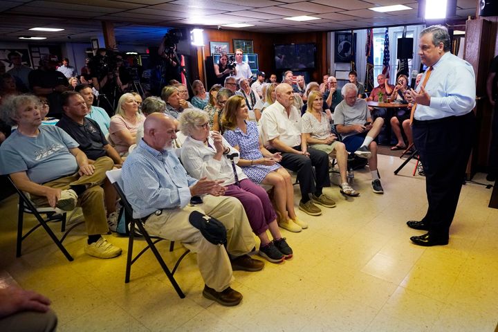 Republican presidential candidate former New Jersey Gov. Chris Christie addresses a gathering during a campaign event at V.F.W. Post 1631, Monday, July 24, 2023, in Concord, N.H.