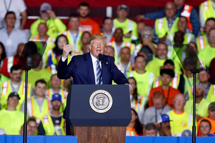 Then-President Donald Trump speaks to union workers at a Shell plant in Beaver County, Pennsylvania, on Aug. 13, 2019. Biden's campaign says Trump's planned rally with UAW members next week will be a "self-serving photo-op."