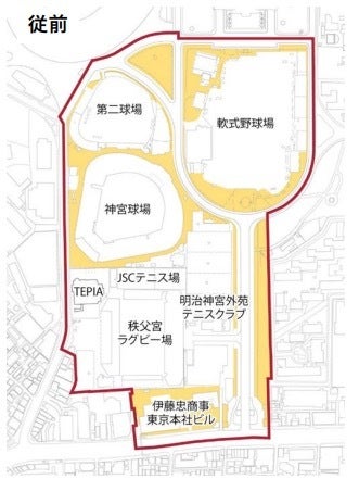 現在の神宮外苑の施設配置図。小林さんらは、第二球場の跡地を活用できるのではないかと話す