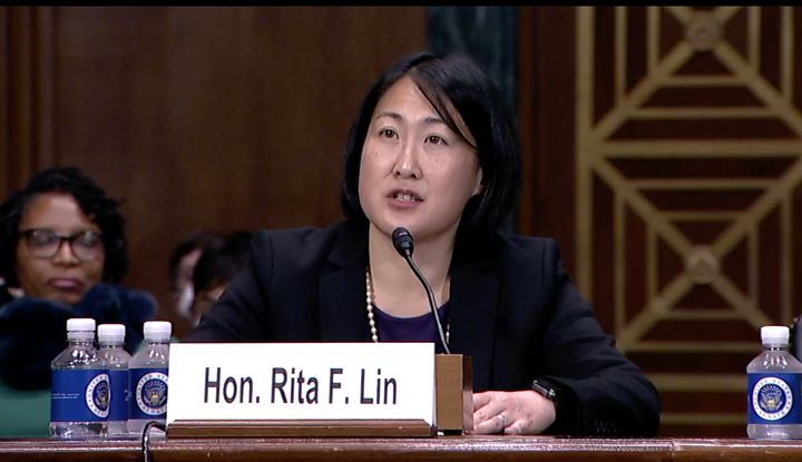 Rita Lin, an associate judge on the San Francisco County Superior Court, testifies during her confirmation hearing for a lifetime federal judgeship before the Senate judiciary committee in November 2022.