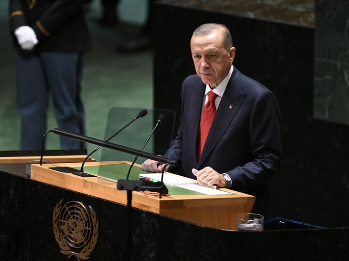 NEW YORK, UNITED STATES - SEPTEMBER 19: Turkish President Recep Tayyip Erdogan delivers his remarks during the 78th session of the United Nations (UN) General Assembly at UN headquarters in New York, United States on September 19, 2023. (Photo by Fatih Aktas/Anadolu Agency via Getty Images)