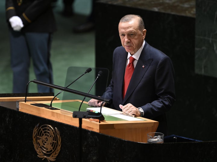 NEW YORK, UNITED STATES - SEPTEMBER 19: Turkish President Recep Tayyip Erdogan delivers his remarks during the 78th session of the United Nations (UN) General Assembly at UN headquarters in New York, United States on September 19, 2023. (Photo by Fatih Aktas/Anadolu Agency via Getty Images)