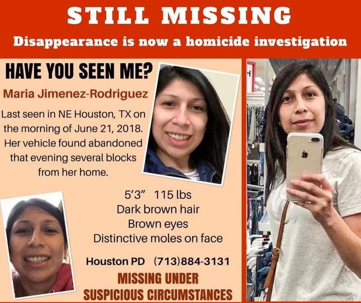 A missing person poster seeking information about Maria Jimenez-Rodriguez.