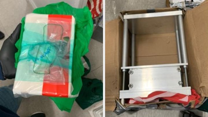 An evidence photo of fentanyl and a press reportedly recovered from the day care in the Bronx borough of New York City.