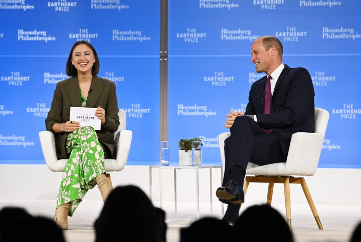 Vaitea Cowan, the 2021 Earthshot Prize winner, sits with Prince William onstage during The Earthshot Prize Innovation Summit at The Plaza Hotel on Sept. 19, 2023.