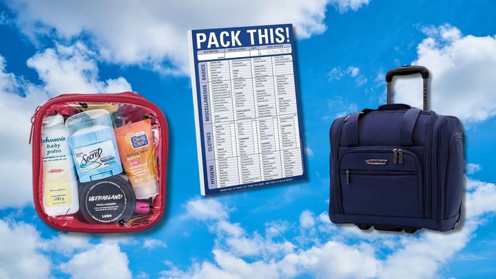A TSA-friendly toiletry bag, a packing checklist and a rolling suitcase designed to fit underneath your seat.