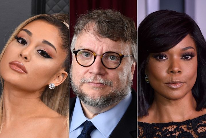 Ariana Grande (left), Guillermo del Toro (center) and Gabrielle Union are among nearly 200 current signatories to an open letter condemning right-wing book bans.