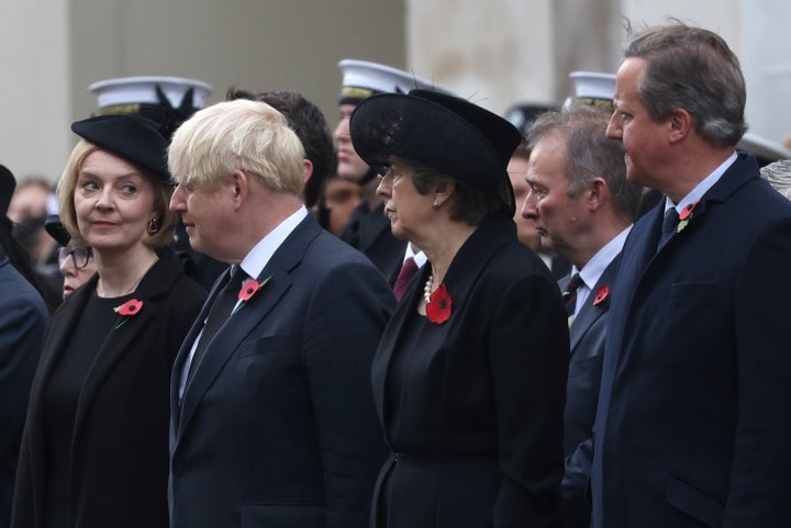 Former UK Prime Ministers Liz Truss, Boris Johnson, Theresa May and David Cameron during the National Service Of Remembrance last year.