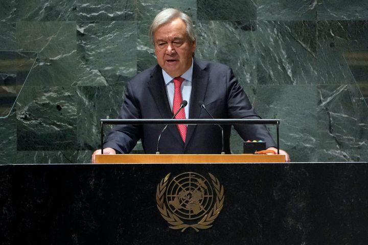 UN Secretary General Antonio Guterres addresses the 78th session of the United Nations General Assembly, Tuesday, Sept. 19, 2023. (AP Photo/Richard Drew)
