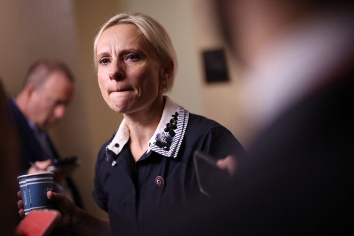 Rep. Victoria Spartz (R-Ind.), the only Ukrainian-American in Congress, talks to reporters as she leaves a House Republican caucus meeting at the U.S. Capitol on Tuesday. 