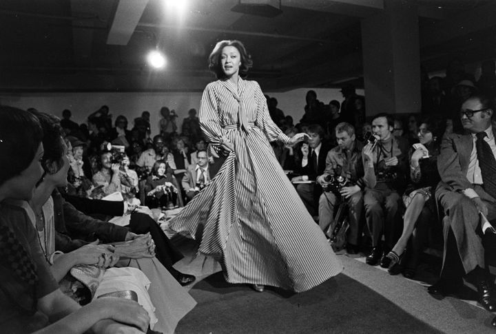 Model Norma Jean Darden on the runway at Clovis Ruffin's fall 1974 ready-to-wear fashion show on May 8, 1974, in New York City. 