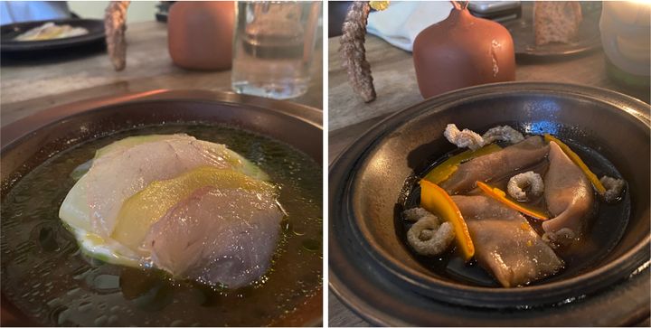 「メロンと魚の刺身」（左）と「パンプキンをつかったラビオリと豚のスープ」（右）