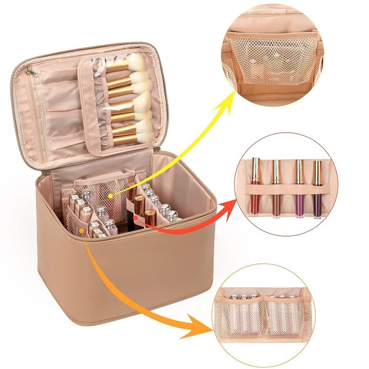 The Ocheal large travel makeup bag and organizer in the color beige apricot. 