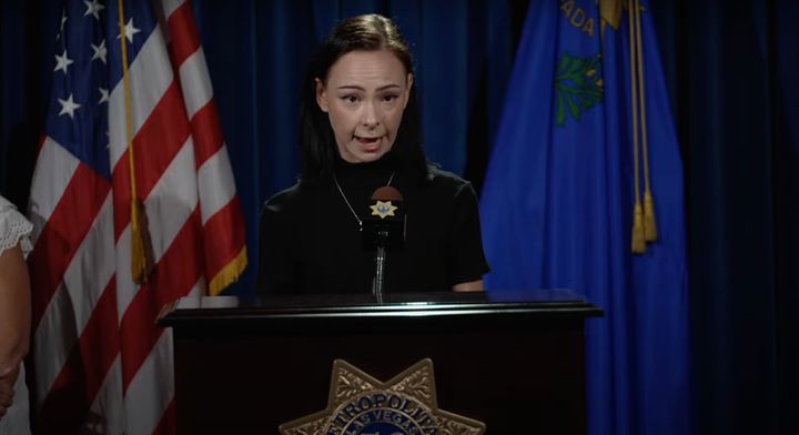 The daughter of the bicyclist, Taylor Probst, speaks at a news conference Tuesday in Las Vegas.